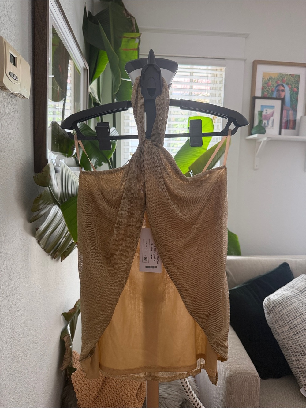 12th Tribe Tan Halter Mesh Overlay Tank